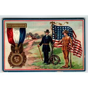 Memorial Decoration Day Postcard Military Soldier Eagle Badge USA Flags Tuck 158
